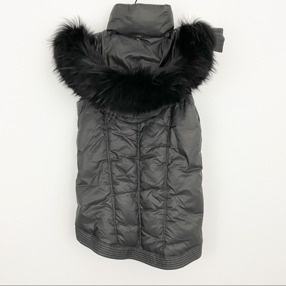 Helmut Lang Size S Black Nylon Puffer Vest Genuine Fur Hood Asymmetrical hemline
